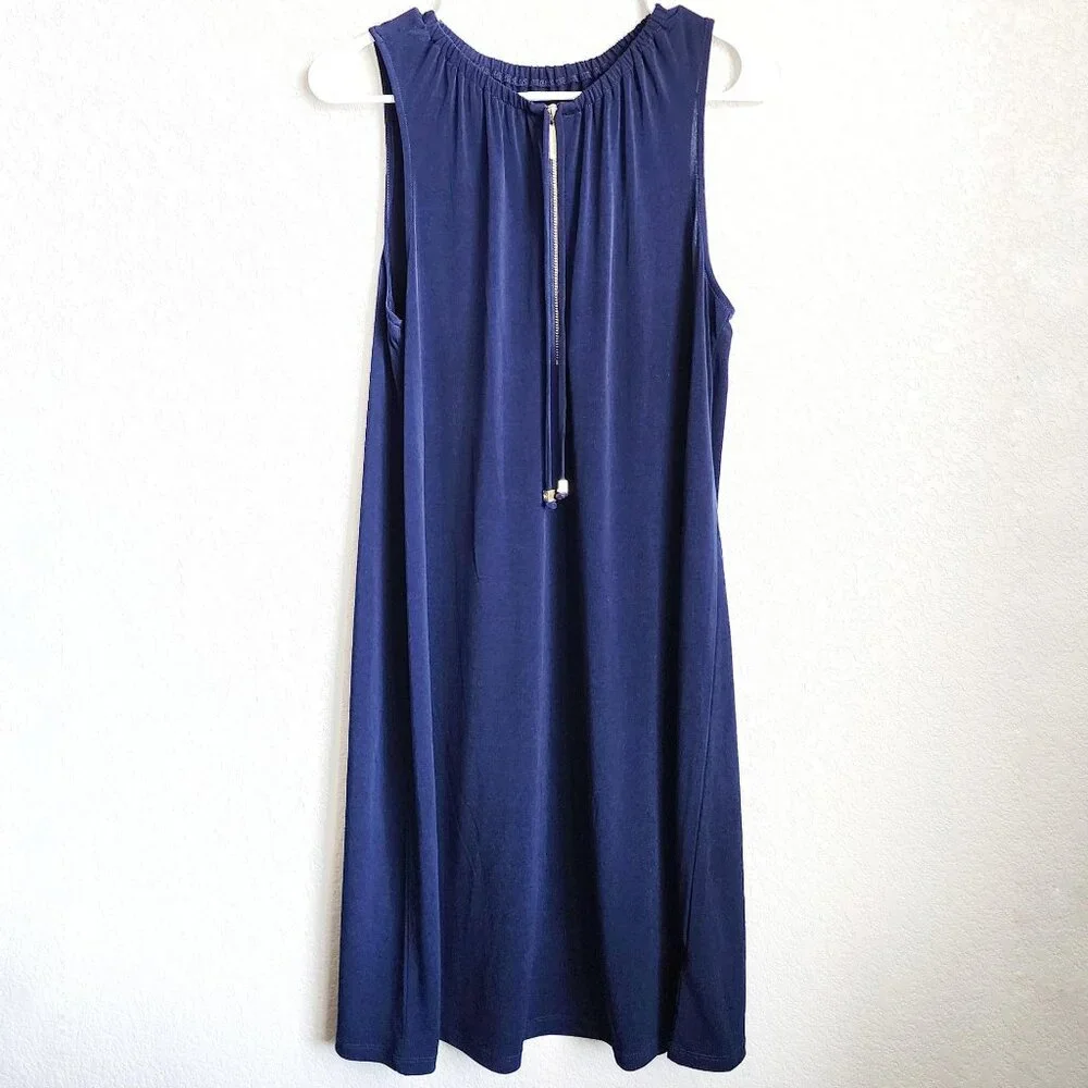 MICHAEL Michael Kors Navy Blue Stretch Shift Dress with Zipper and Tassles - Picture 2 of 4